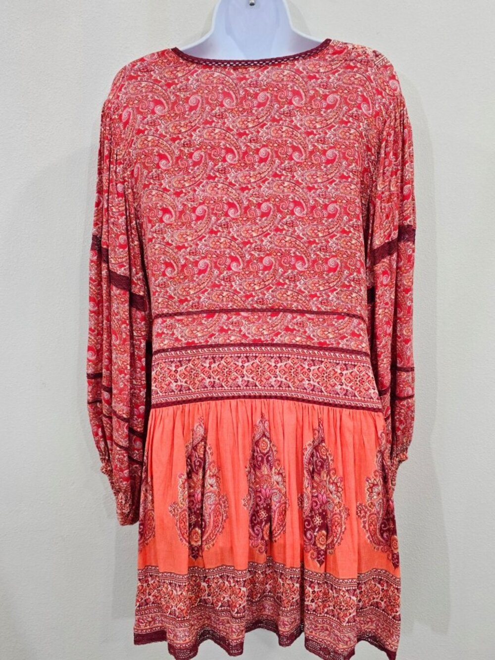 Free People ✦ Paisley Babydoll Tunic Dress ✦ Red Orange Oversized Boho Festival - Picture 3 of 13